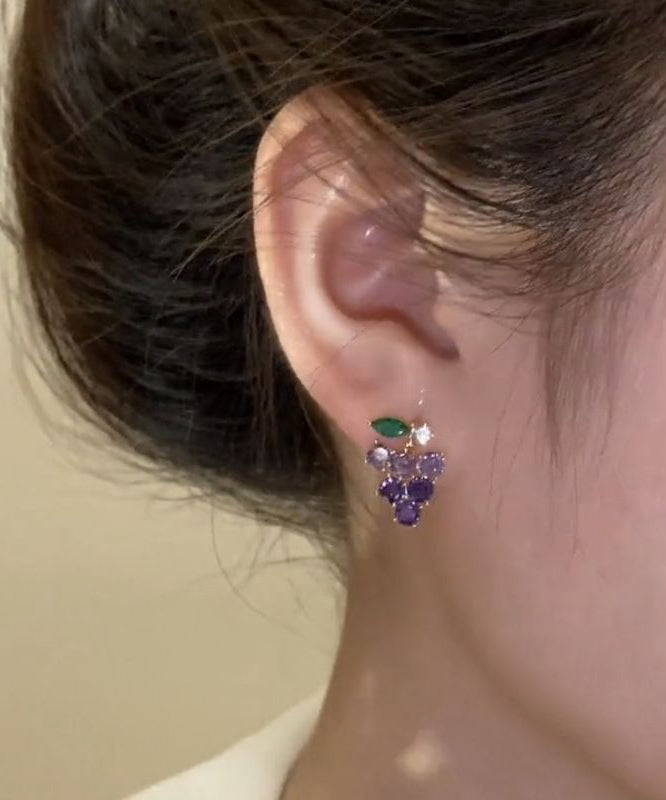 Earrings Cute Stud Zircon Alloy Grapes Purple