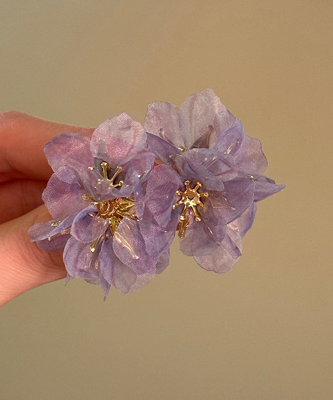 Cute Floral Alloy Tulle Earrings Copper Stud Purple