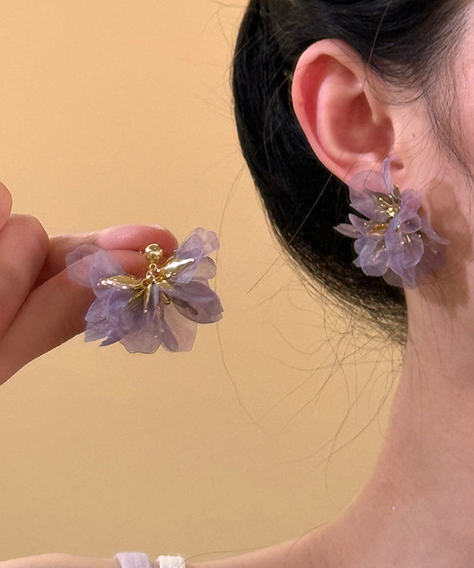Cute Floral Alloy Tulle Earrings Copper Stud Purple