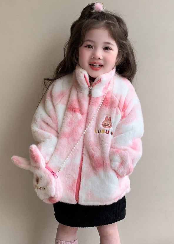 Cute Purple Stand Collar Embroideried Zippered Kids Mink Velvet Coats WinterTG028