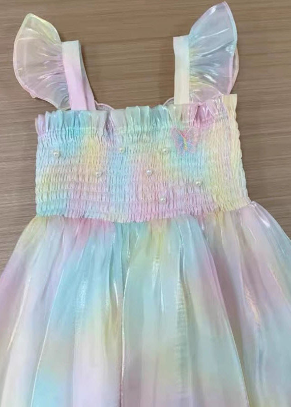 Robe longue sans manches en tulle perlé avec nœud froissé arc-en-ciel pour filles XZ034