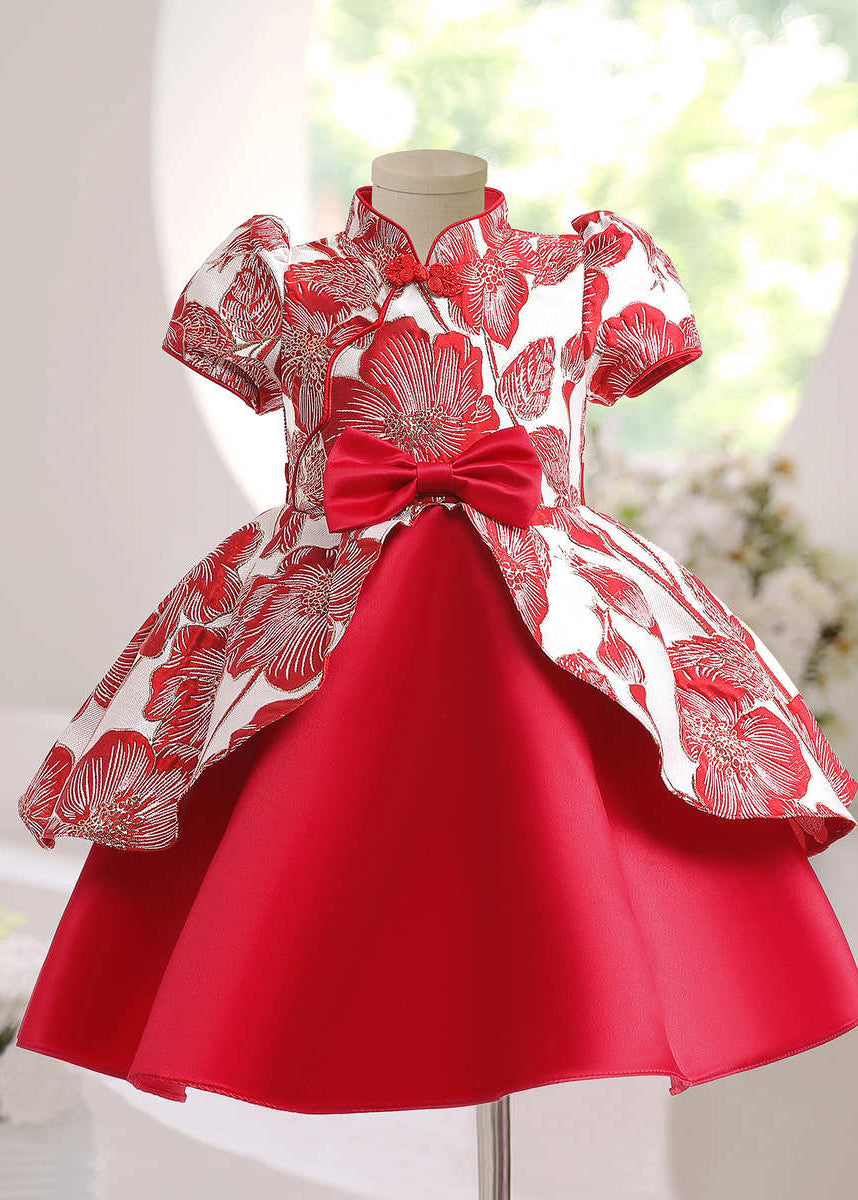 Maxi Asymmetrical Bow Print Short Sleeve Dress Kids Cute Red