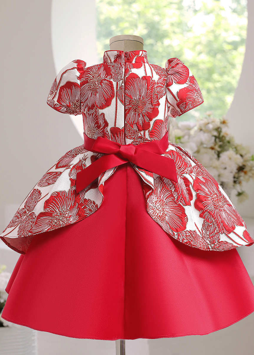 Maxi Asymmetrical Bow Print Short Sleeve Dress Kids Cute Red