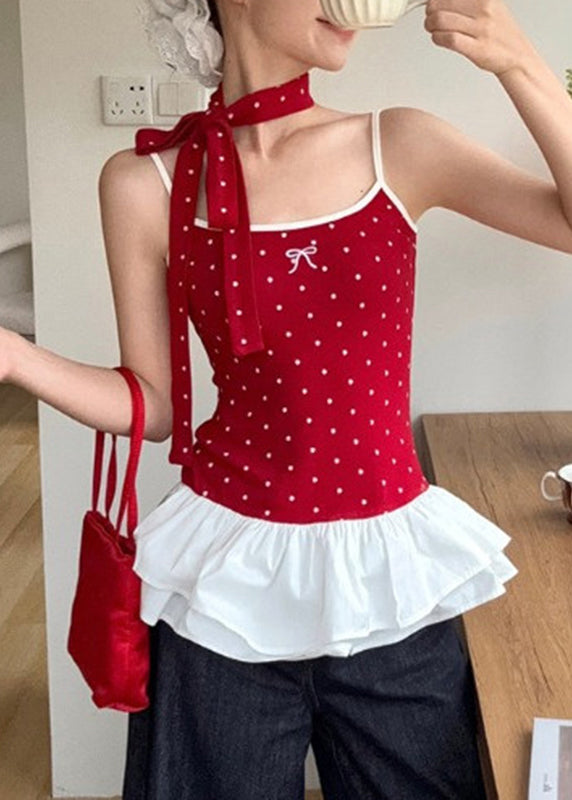 Patchwork Tank Dot Red Summer Ruffled Cute Wrinkled