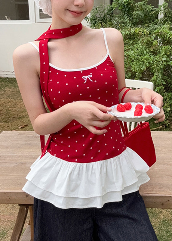 Patchwork Tank Dot Red Summer Ruffled Cute Wrinkled