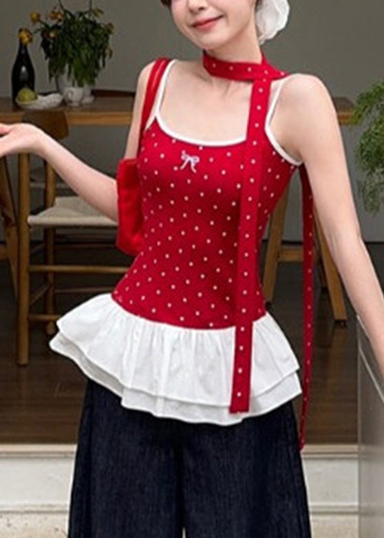 Patchwork Tank Dot Red Summer Ruffled Cute Wrinkled