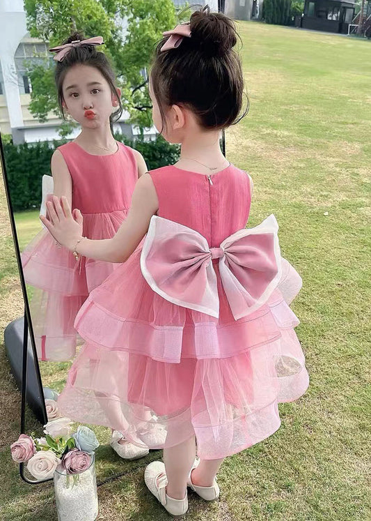 Cute Rose Zippered Bow Tulle Patchwork Girls Dresses Sleeveless TT035