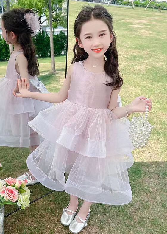 Cute Rose Zippered Bow Tulle Patchwork Girls Dresses Sleeveless TT035