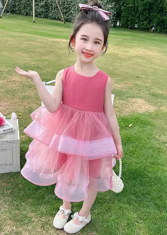 Cute Rose Zippered Bow Tulle Patchwork Girls Dresses Sleeveless TT035