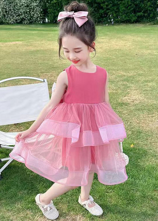 Cute Rose Zippered Bow Tulle Patchwork Girls Dresses Sleeveless TT035