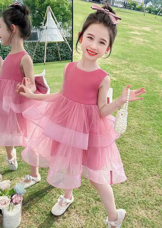 Cute Rose Zippered Bow Tulle Patchwork Girls Dresses Sleeveless TT035