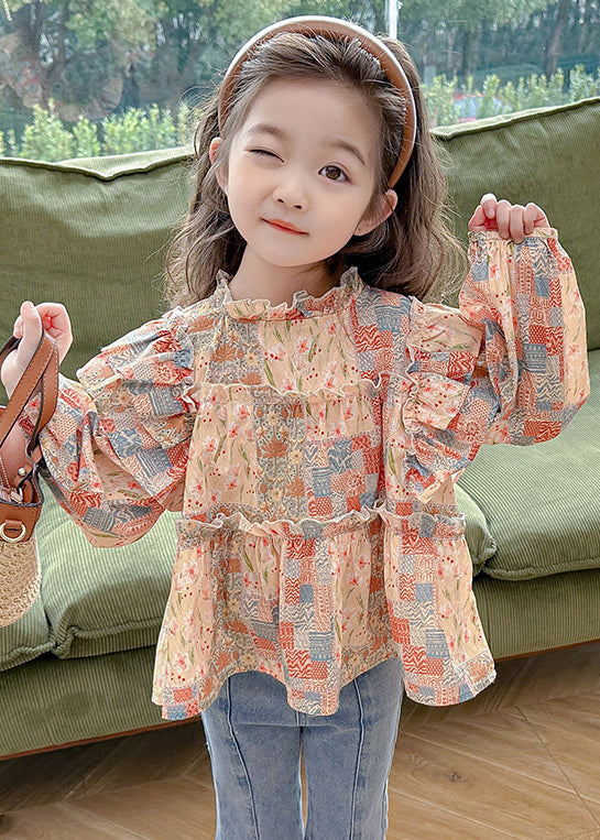 Cute Ruffled Print Cotton Girls Shirt Long Sleeve YU1041