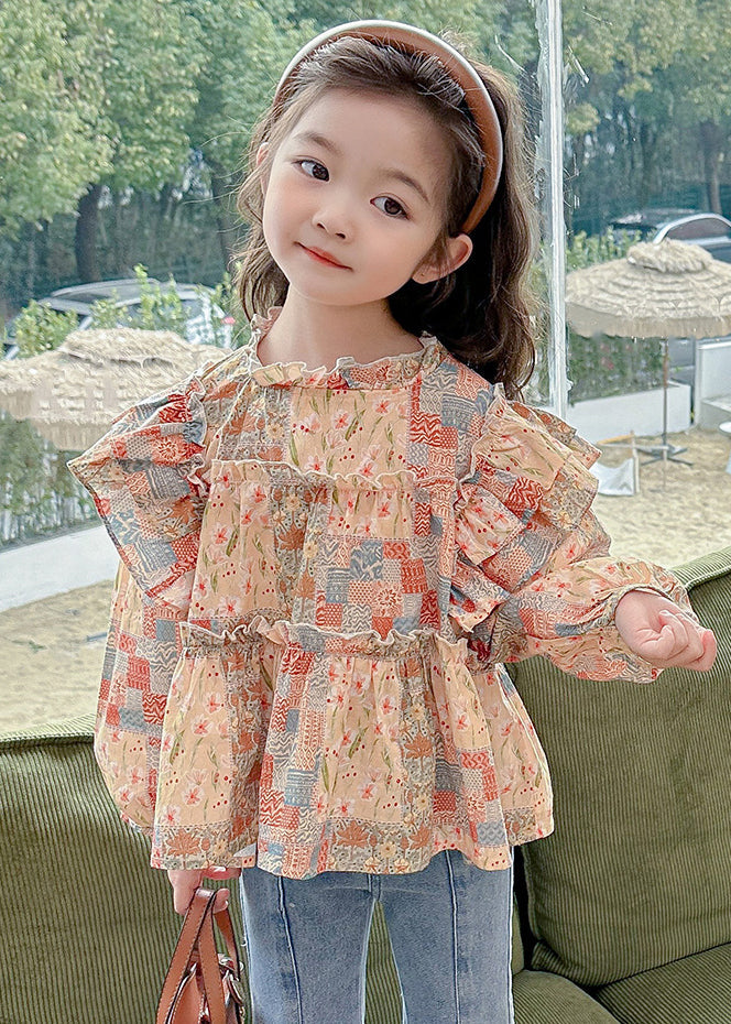 Cute Ruffled Print Cotton Girls Shirt Long Sleeve YU1041