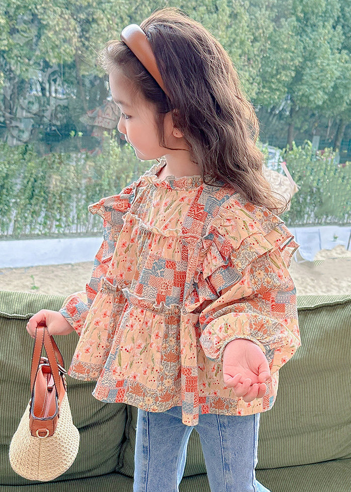 Cute Ruffled Print Cotton Girls Shirt Long Sleeve YU1041