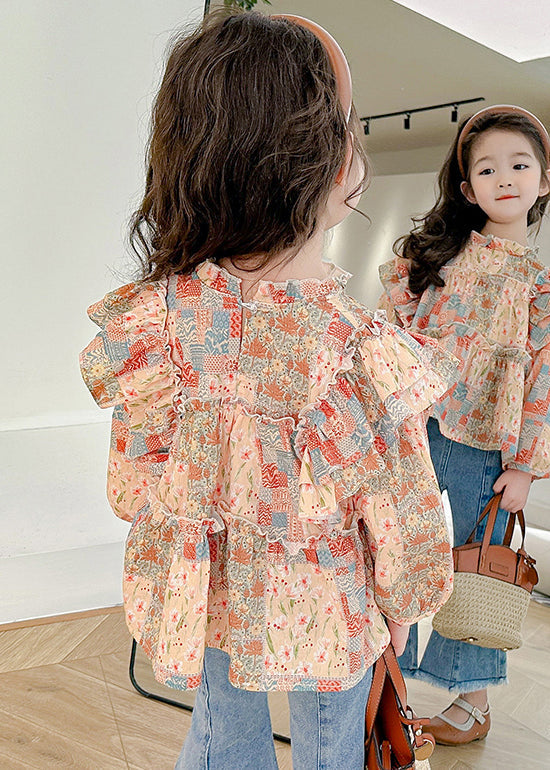 Cute Ruffled Print Cotton Girls Shirt Long Sleeve YU1041