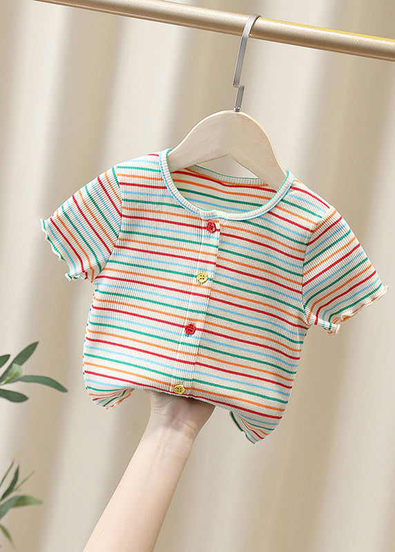 Cute White O-Neck Striped Knit Cotton Girls Top Summer YU1081