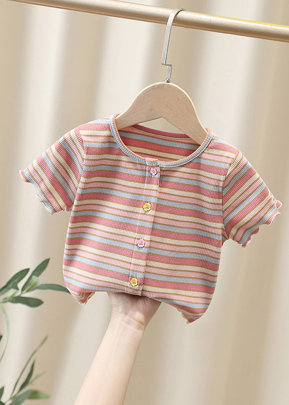 Cute White O-Neck Striped Knit Cotton Girls Top Summer YU1081