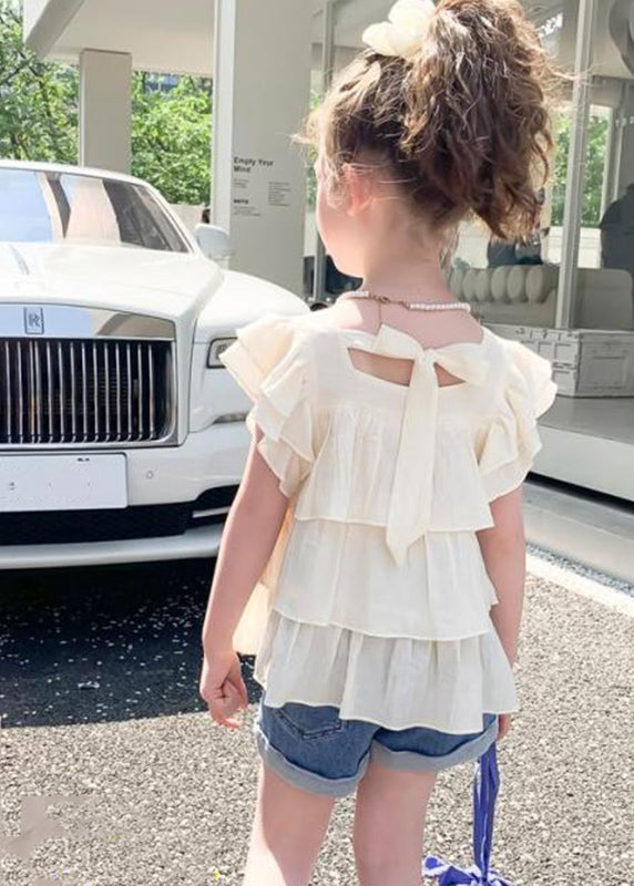 Cute White Square Collar Patchwork Kids Shirt Summer SS1014