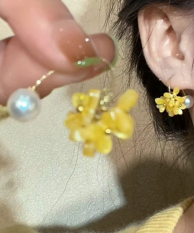 Yellow Acrylic Copper Earrings Hoop Floral Pearl Cute