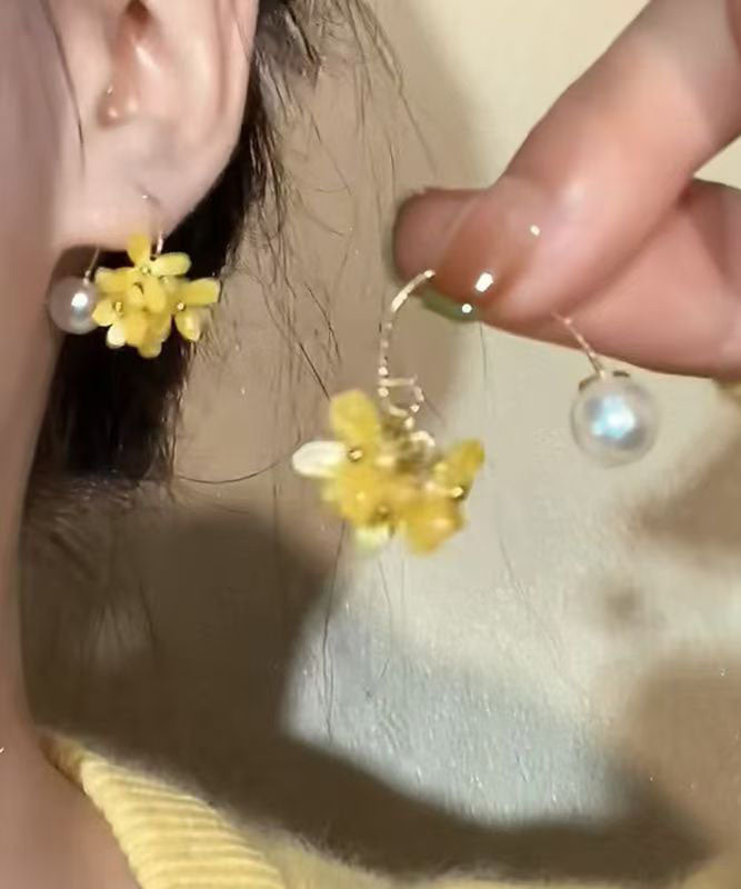 Yellow Acrylic Copper Earrings Hoop Floral Pearl Cute