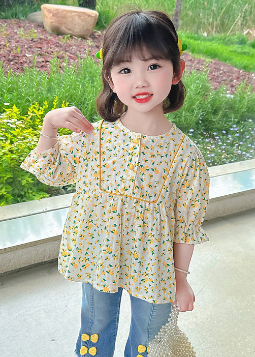 Cute Yellow O-Neck Print Cotton Girls Top Half Sleeve YU1043