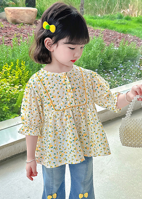 Cute Yellow O-Neck Print Cotton Girls Top Half Sleeve YU1043