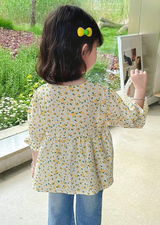 Cute Yellow O-Neck Print Cotton Girls Top Half Sleeve YU1043