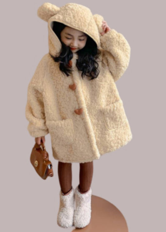 Cute Yellow Pockets Zippered Kids Hoodie Faux Fur Coat Winter WL017