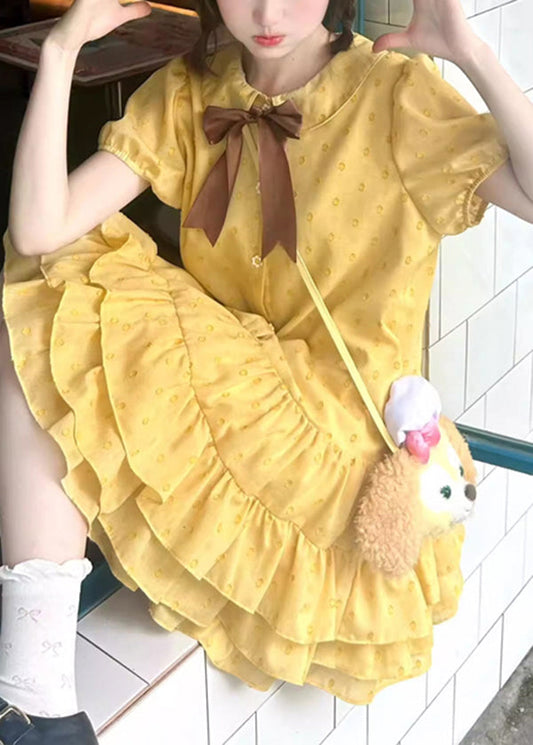 Patchwork Summer Mid Dresses Cute Ruffled Cotton Yellow