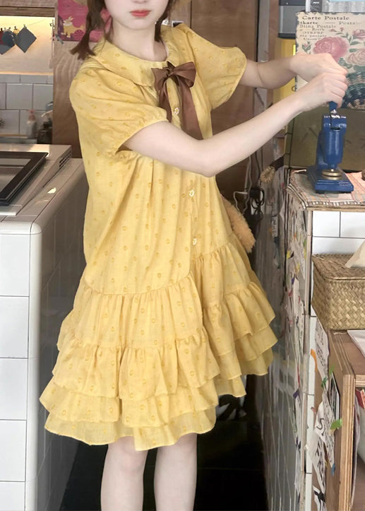 Patchwork Summer Mid Dresses Cute Ruffled Cotton Yellow