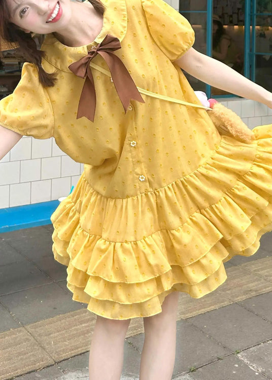 Patchwork Summer Mid Dresses Cute Ruffled Cotton Yellow