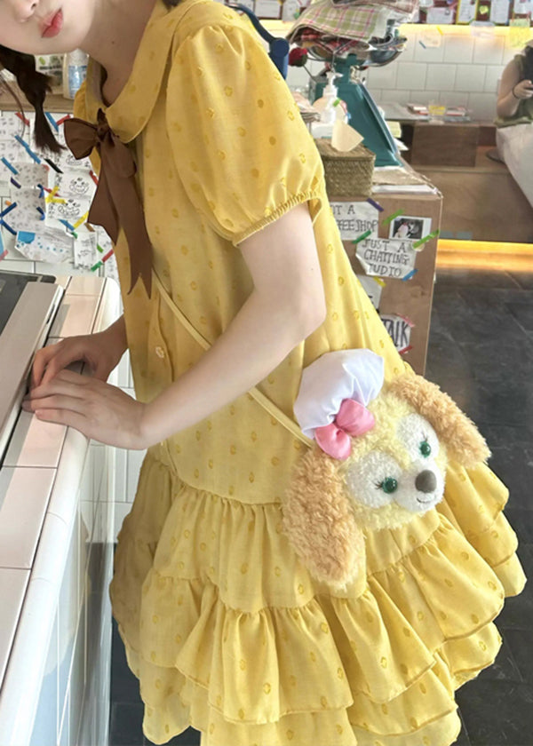Patchwork Summer Mid Dresses Cute Ruffled Cotton Yellow