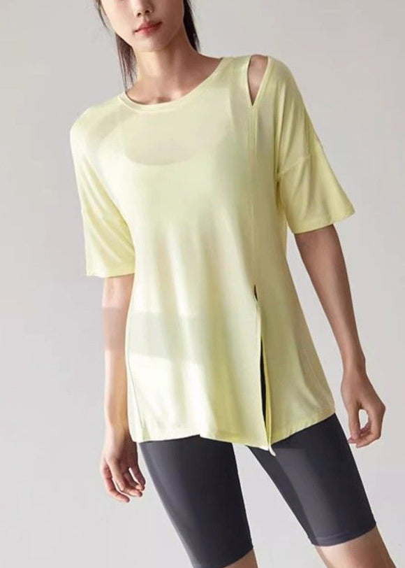Cute Tops Open Yellow Tank Yoga Sleeve Side Short