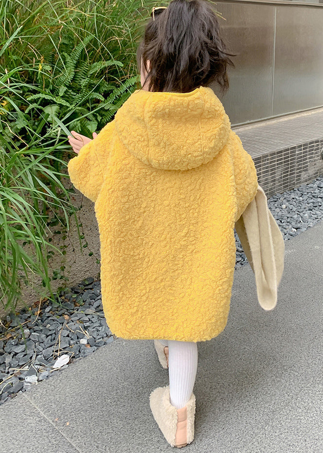 Cute Yellow Zippered Patchwork Kids Faux Fur Long Coat Winter WL029