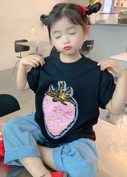 DIY Black O-Neck Strawberry Print Girls T Shirt Short Sleeve YU1088