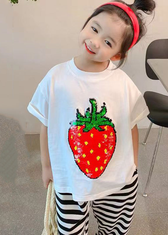 DIY Black O-Neck Strawberry Print Girls T Shirt Short Sleeve YU1088