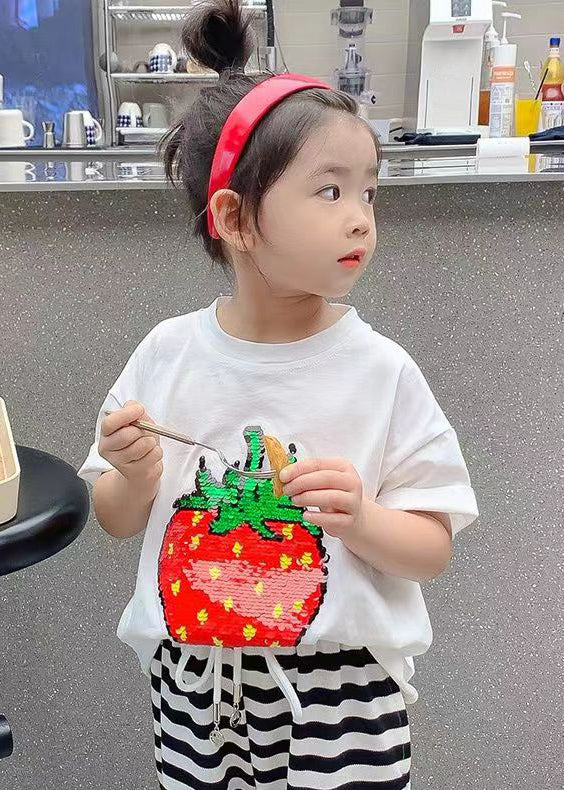 DIY Black O-Neck Strawberry Print Girls T Shirt Short Sleeve YU1088