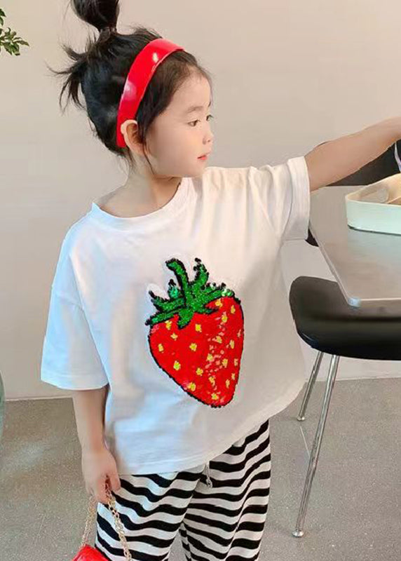 DIY Black O-Neck Strawberry Print Girls T Shirt Short Sleeve YU1088