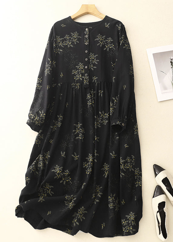 Linen Print DIY Maxi Oversized Black Spring Dresses