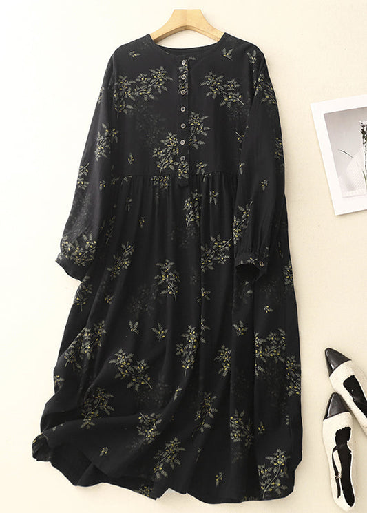 Linen Print DIY Maxi Oversized Black Spring Dresses