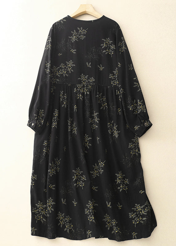 Linen Print DIY Maxi Oversized Black Spring Dresses