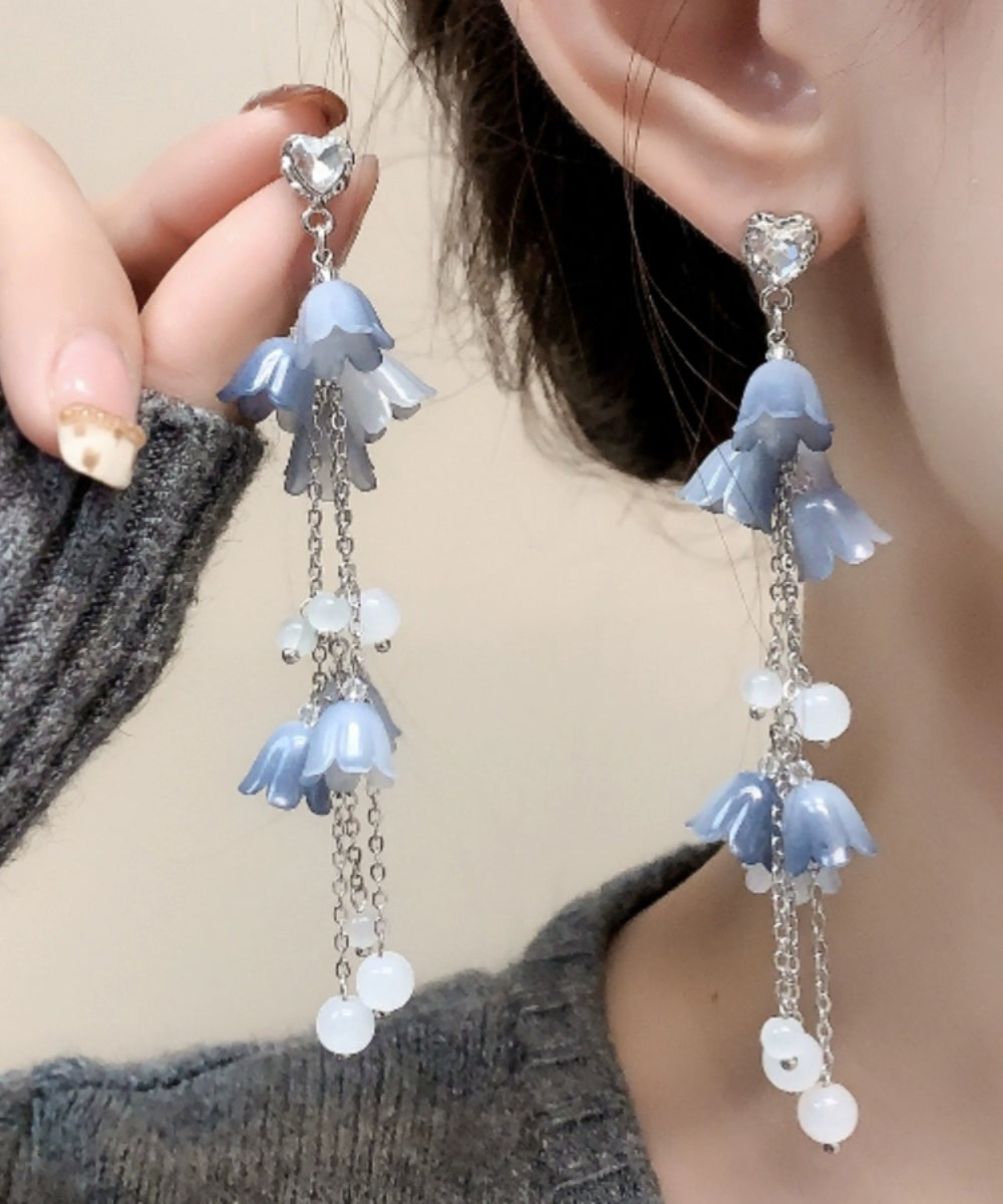 DIY Blau Sterling Silber Zirkon Perle Floral Quaste Tropfen Ohrringe KX1084