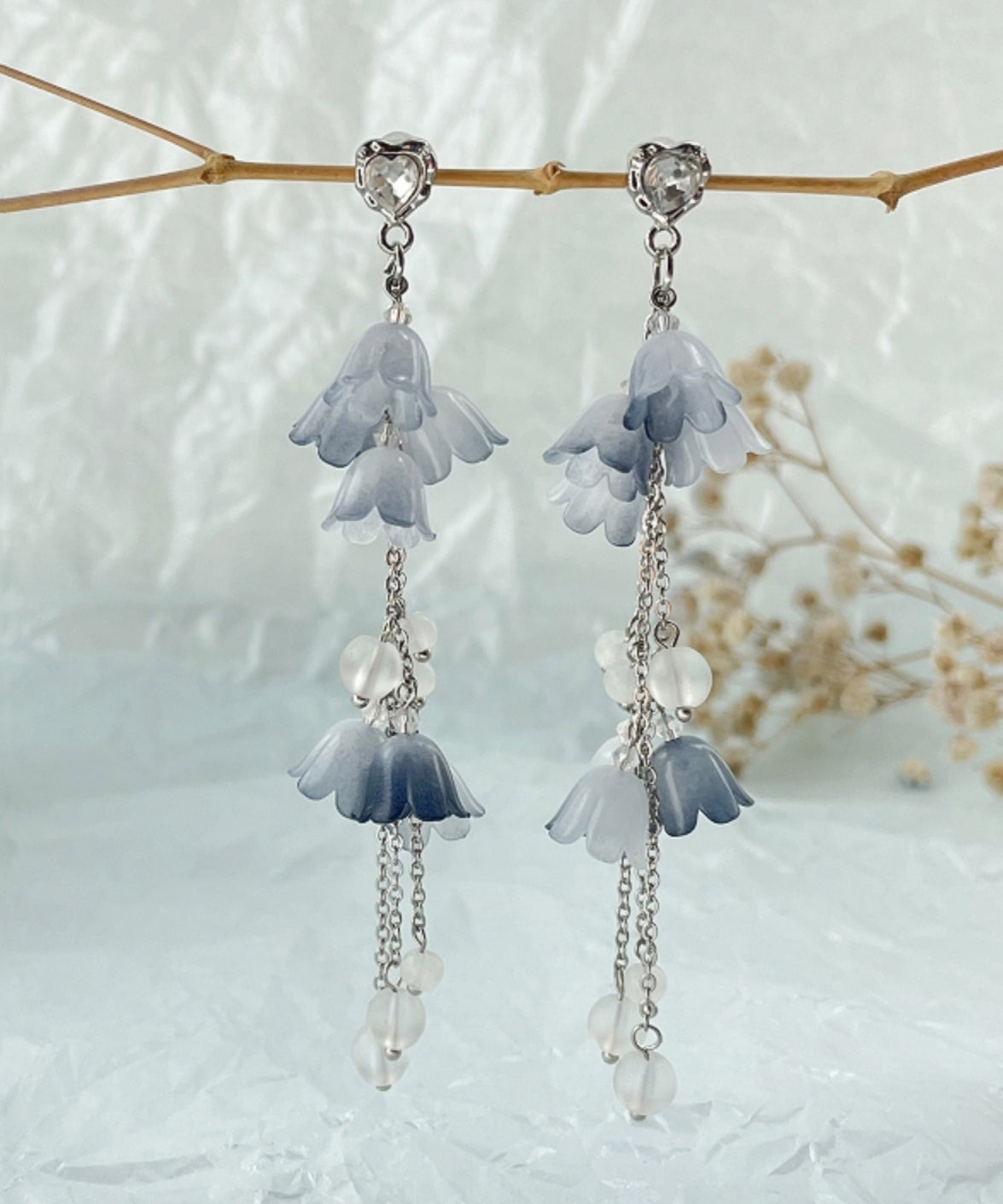 DIY Blue Sterling Silver Zircon Pearl Floral Tassel Drop Earrings KX1084