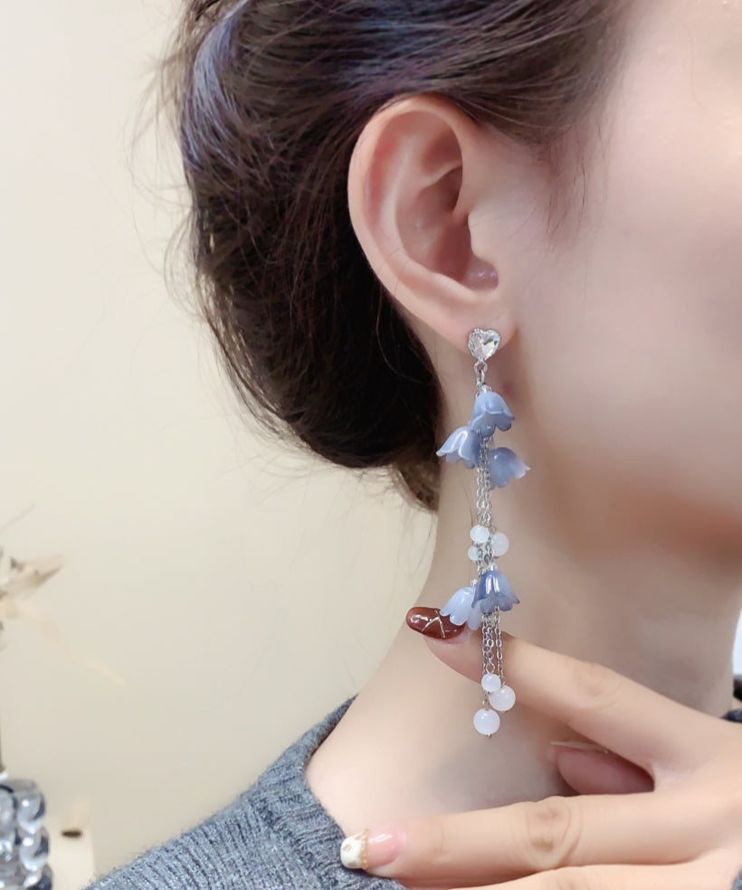 DIY Blau Sterling Silber Zirkon Perle Floral Quaste Tropfen Ohrringe KX1084