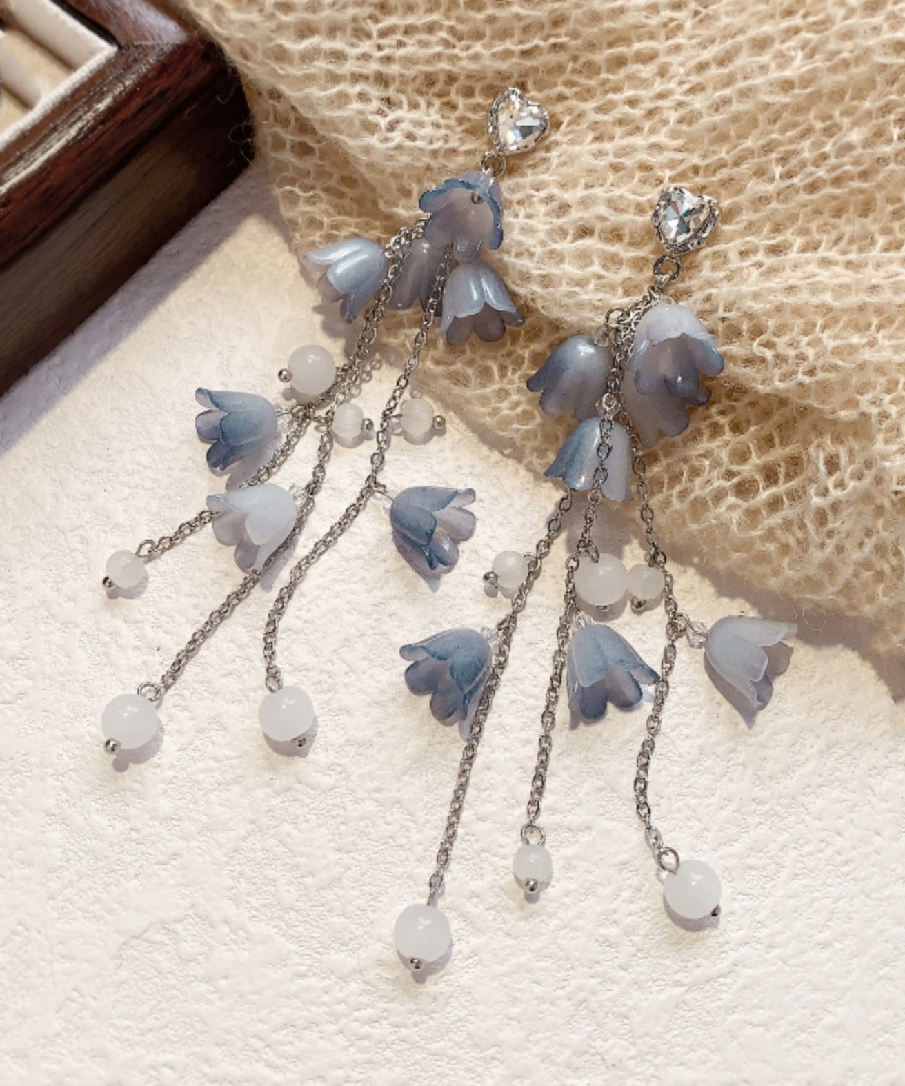 DIY Blue Sterling Silver Zircon Pearl Floral Tassel Drop Earrings KX1084