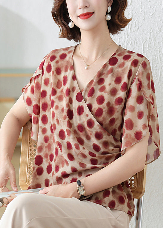 DIY Chiffon Shirts Summer Asymmetrical Print Red Brick
