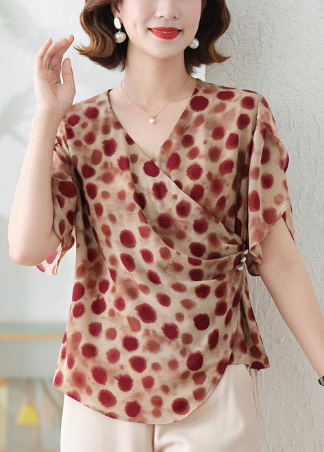 DIY Chiffon Shirts Summer Asymmetrical Print Red Brick