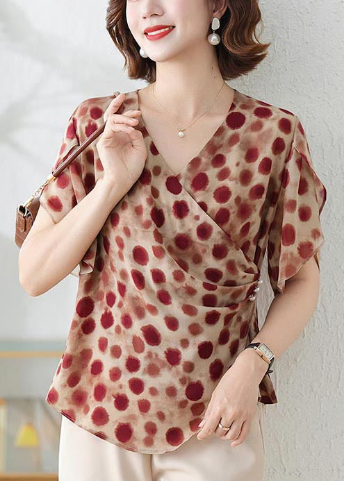 DIY Chiffon Shirts Summer Asymmetrical Print Red Brick