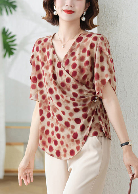 DIY Chiffon Shirts Summer Asymmetrical Print Red Brick