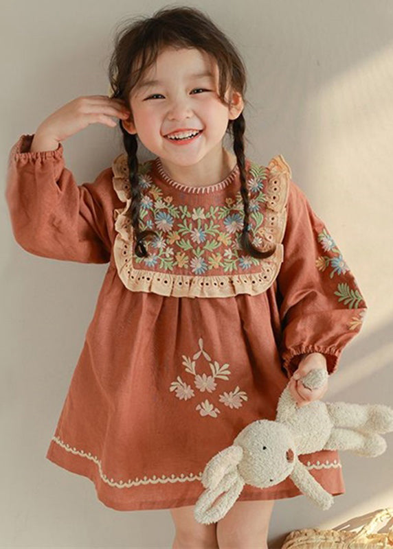 DIY Brick Red Embroideried Hollow Out Kids Mid Dress Fall SS1063